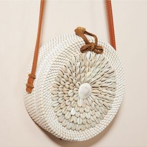 Anthropologie Shell Embellished Rattan Crossbody Bag